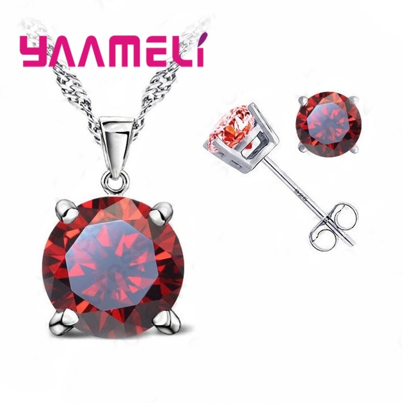 Classic Wedding Jewelry Cubic Zirconia Good 925 Sterling Silver Jewelry Sets Stud Earring Pendant Necklace Set: red