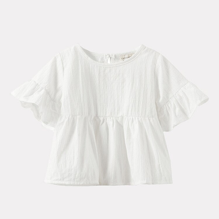 Summer Baby Girl's Cotton Flounced Sleeves round Neck Girl's Shirt Girl's Shirt: White / 4T