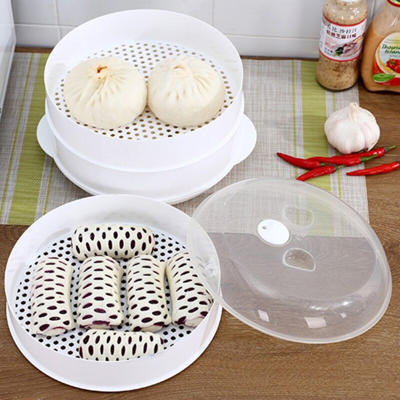 Caja redonda de vapor de alimentos de un solo/doble nivel con tapa para horno microondas, utensilios de cocina para verduras, utensilios de cocina de pescado, plástico ambiental 28GF