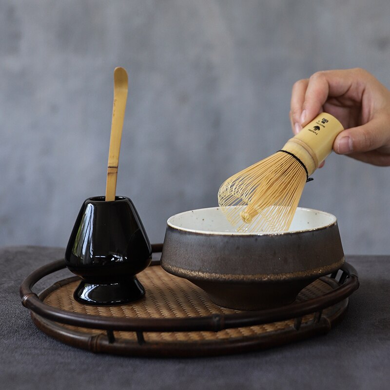 Tangpin 4 st/uppsättning keramiska matcha giftset bambu matcha visp skopa keramisk matcha skål visp hållare japanska tesatser