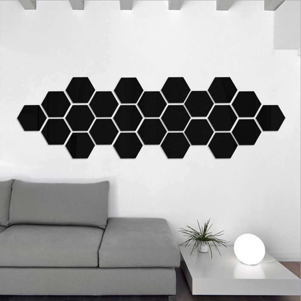 Clean DIY Acrylic Wall Stickers Friendly 3D Hexagon Removable Mirror Home Decor Art Stickers Cute Wall Stickers: Black / M