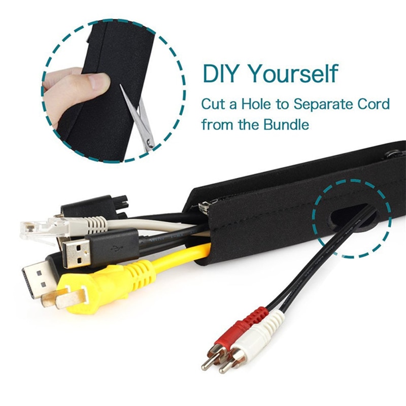DIY Cable Management Sleeve Zipper Closure Wrap Wire Cord Hider Cover Organizer System for PC TV Office Phone Storage Box