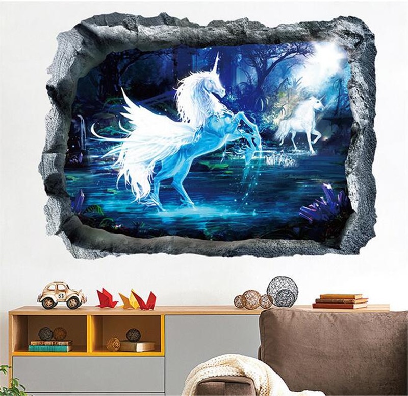 Cartoon eenhoorn boom 3d levendige muurstickers voor kinderkamer decoratie poster muurschildering