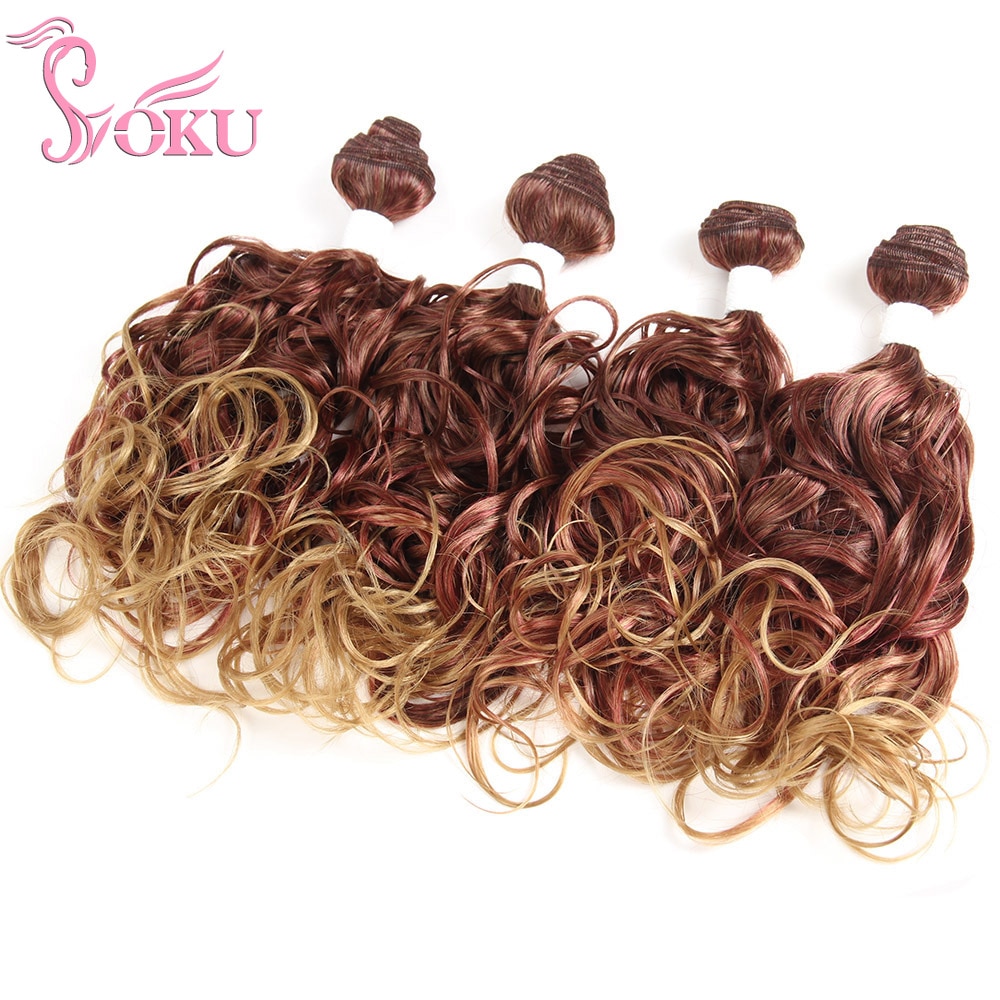 SOKU-Extensión de cabello rizado sintético para mujer, mechones de cabello de 16 pulgadas, tejido de Color ombré Borgoña marrón, 4 mechones