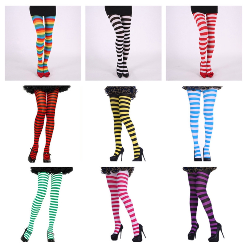 Collant a righe multicolore arcobaleno da donna calze opache collant sottili per costume Cosplay di Halloween di natale