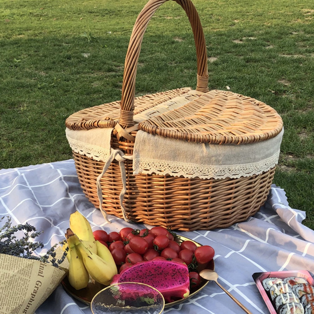 Grand panier de pique-nique en osier fait à la main avec poignée, panier de rangement à Double couvercle pour Camping pique-nique en osier tissé