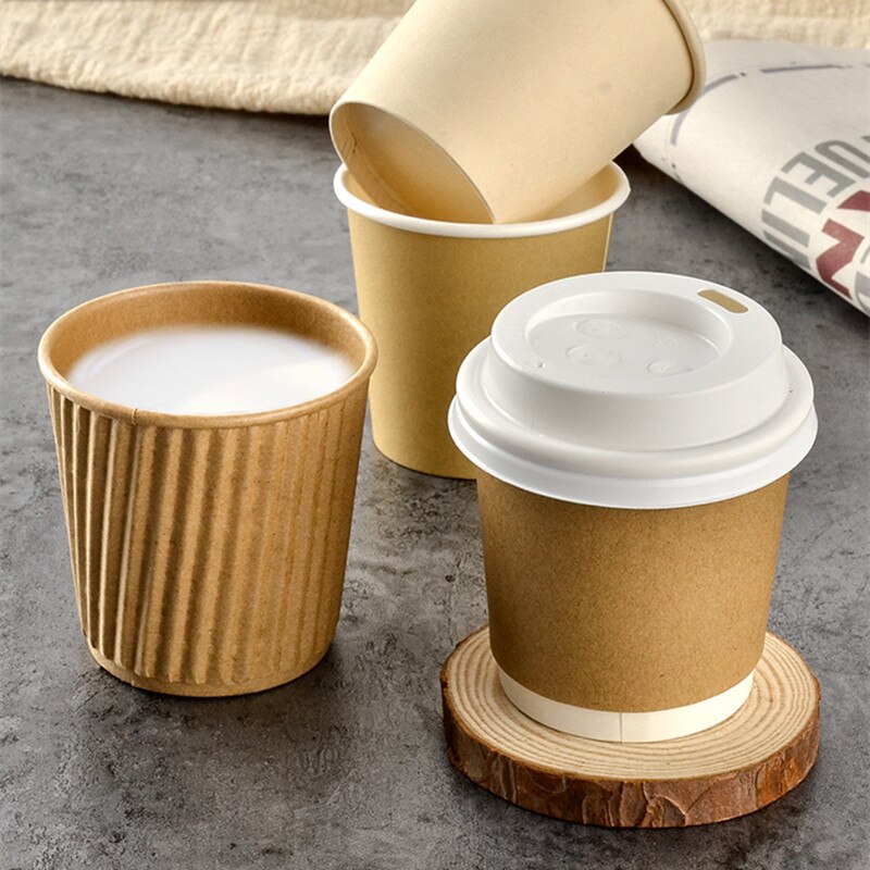 100pcs Disposable coffee cup 4OZ small paper cup yogurt tea juice tasting cups with white lids thick kraft paper takeaway cups
