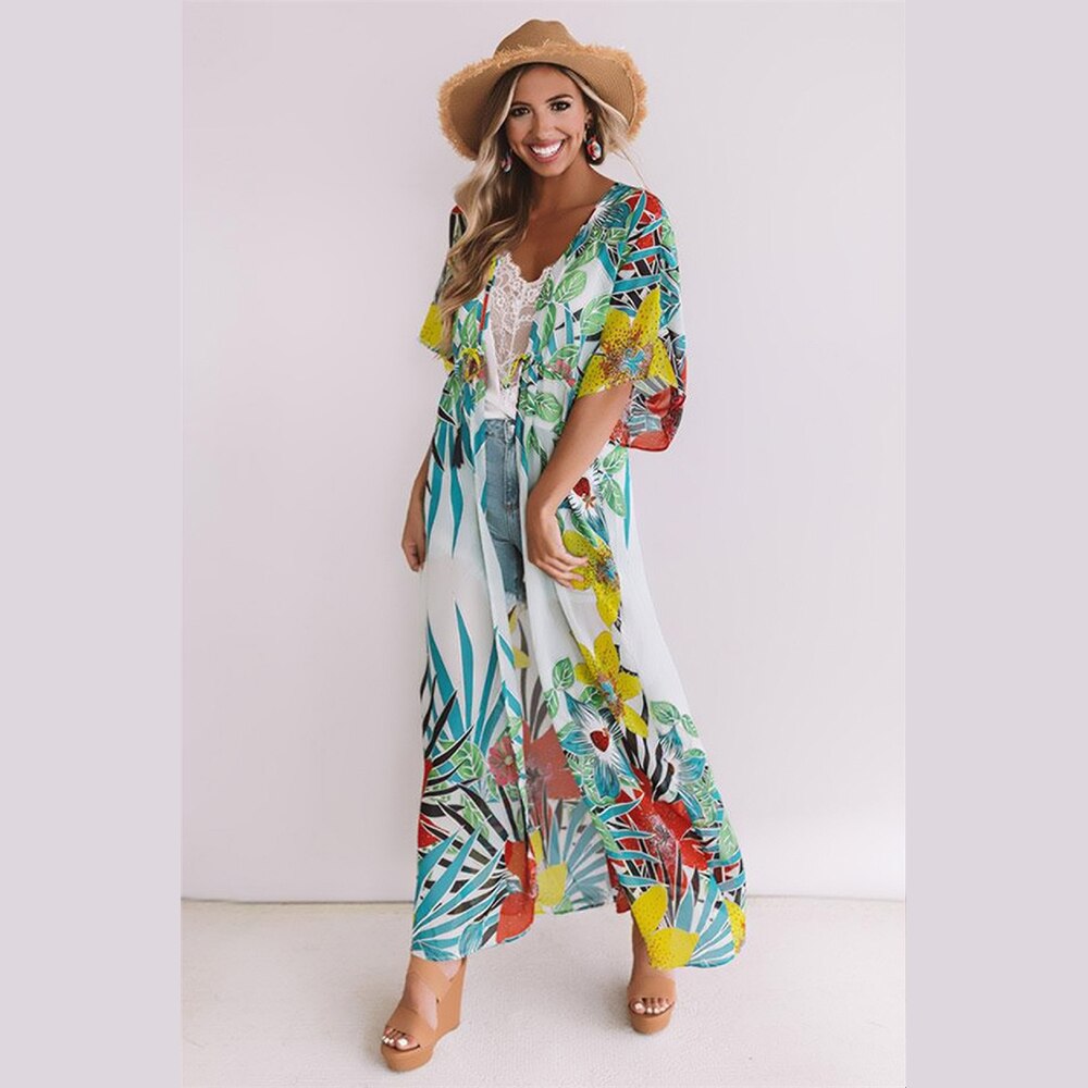 Túnica de playa para mujer, vestido bohemio con estampado Floral, vestido envolvente de playa para mujer, ropa de playa de algodón con abertura en la parte delantera, Pareo Sarong Plage
