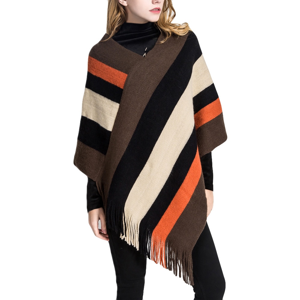 40# Tassel Striped Patchwork Sweater Poncho Tops Knitted Women Blanket Splicing Pattern Sweater Poncho Coat Wrap Cozy Shawl Tops