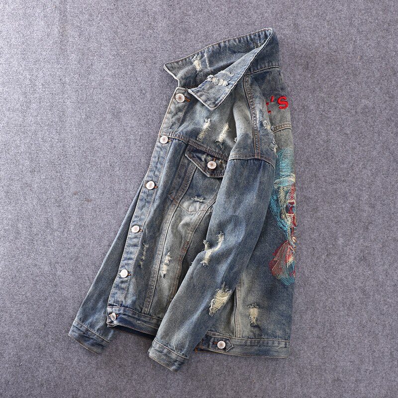 Men Jacket Skull Embroidery Punk Streetwear Style Ripped Denim Jacket Men Coat Rock Hip Hop Jean Jacket Hombre
