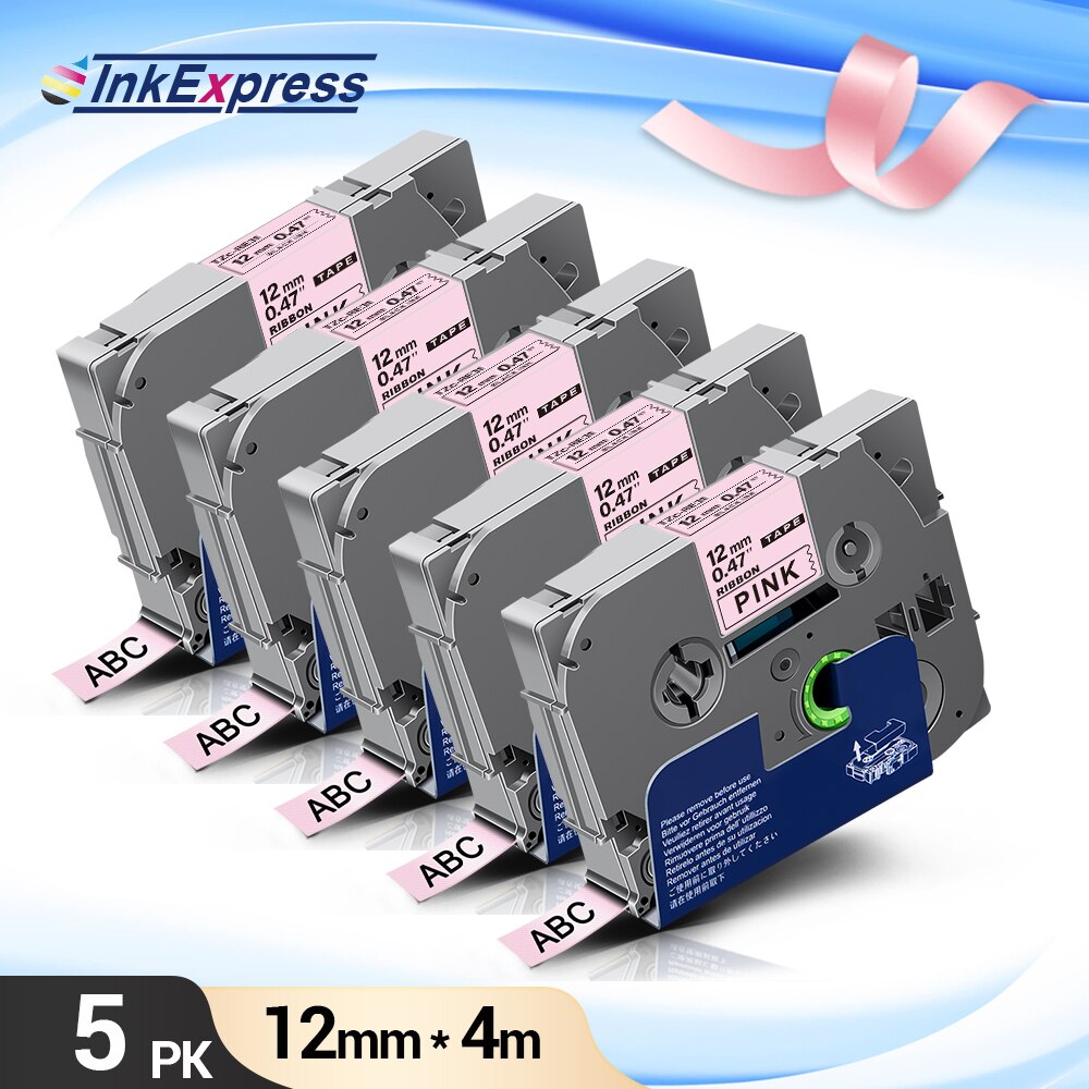 5PK satyna taśma wstążkowa dla brata upiększyć taśma RE34 RN34 R234 RW34 R231 12mm dla brata PT drukarka etykiet PT-H110 PTE100 D600: Black on Pink