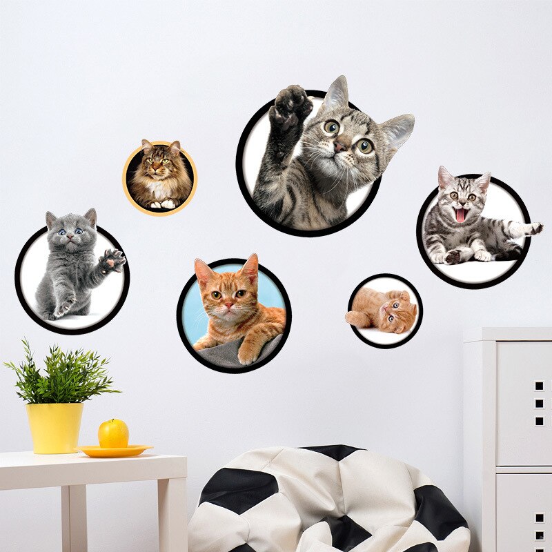 Chats 3D mur autocollant trou vue vive salon maison décoration animaux autocollants enfants chambre Stickers muraux affiche toilette
