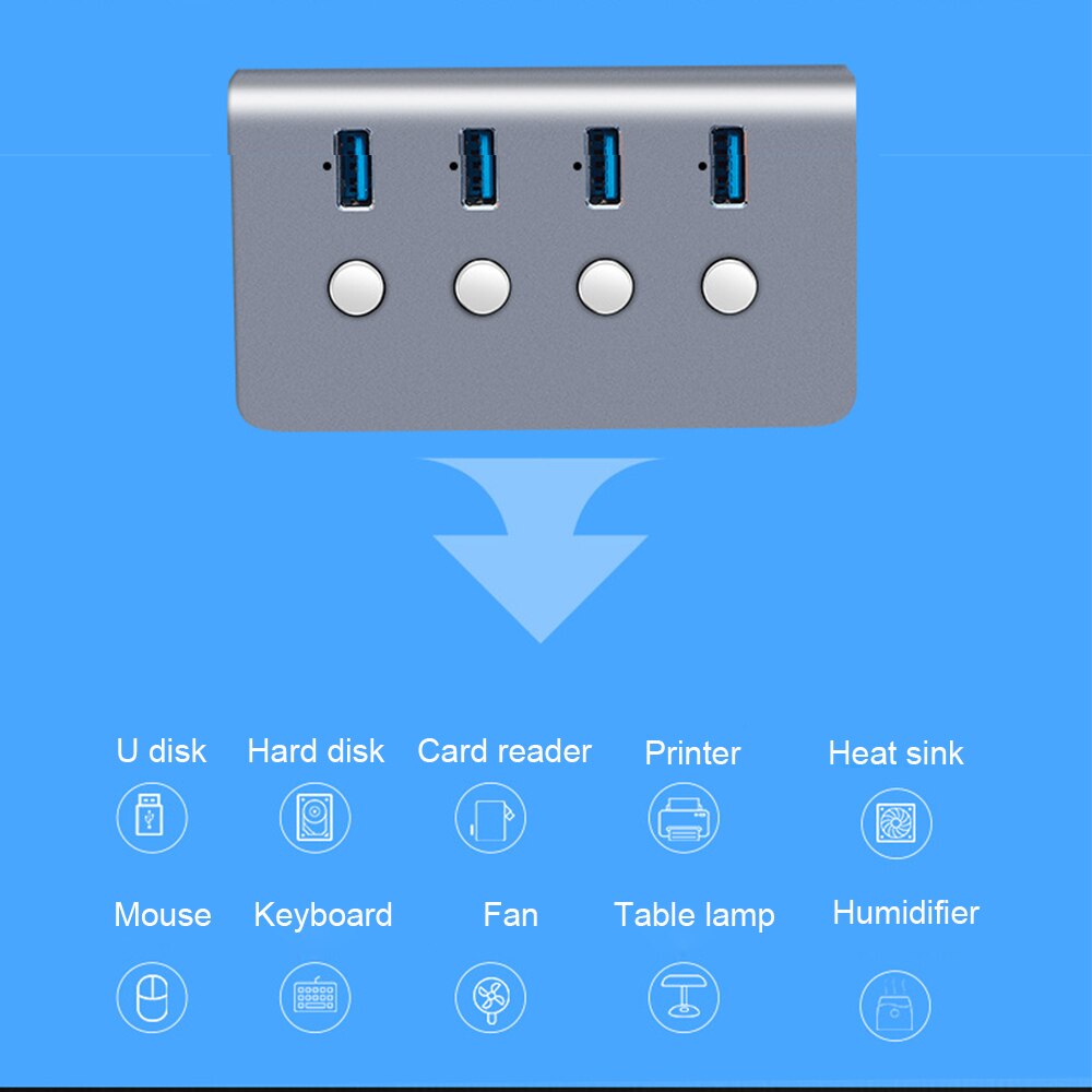 Usb-hub 4 -poorts usb 3.0- hub supersnelle usb-splitter met onafhankelijke schakelaar, werkend licht voor laptop, desktop-pc hub usb-adapter