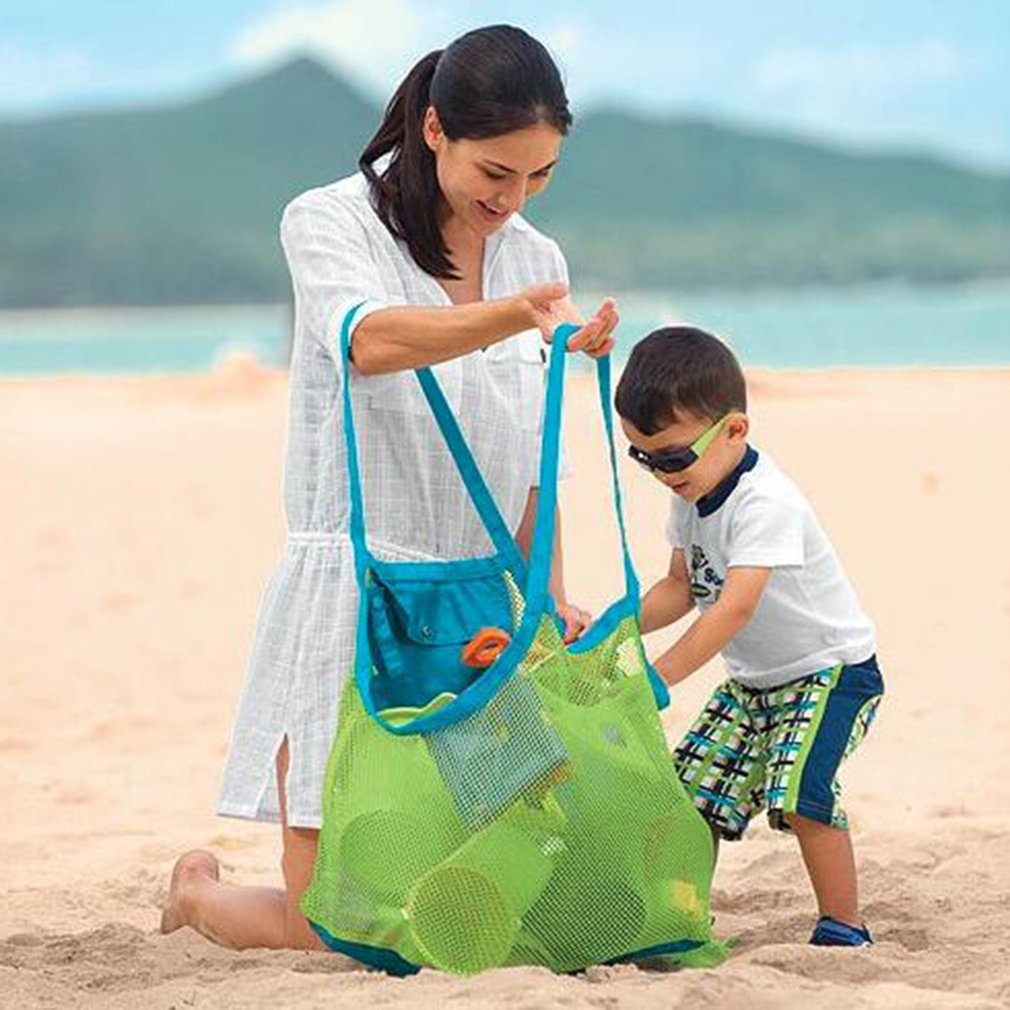 Grande malha saco de praia dobrável leve saco de brinquedo ao ar livre brinquedo de praia saco de armazenamento rápido ferramenta de dragagem detritos saco de malha de armazenamento