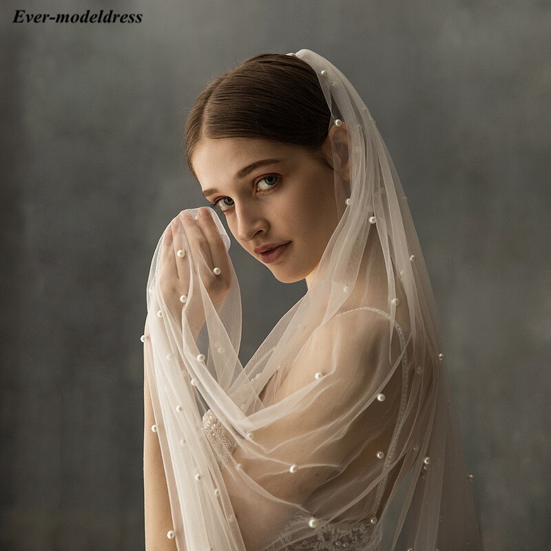 Eine Schicht Hochzeit Schleier Mit Kamm Perlen Weiß Elfenbein Weiche Tulle Braut Schleier Günstige Hochzeit Zubehör: 75cm