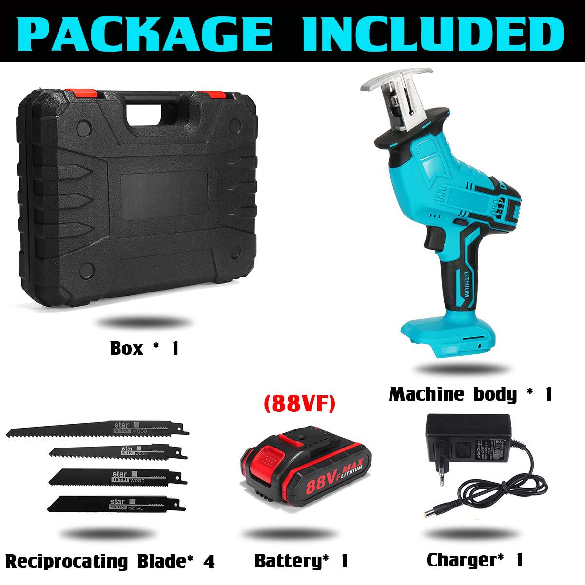 88V Cordless Reciprocating Saw Adjustable Speed Chainsaw Wood Metal PVC Pipe Cutting Reciprocating Saw Garden Power Tool: 1 battery