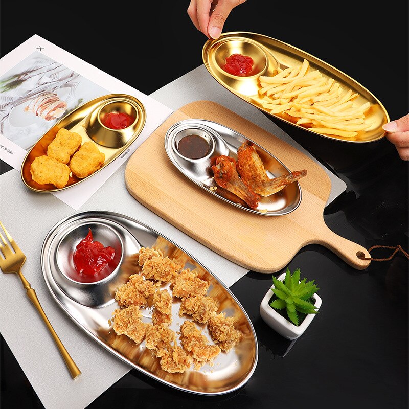 Grid plate 304 Stainless Steel Snack Plate Divided Grid Plate Oval Plate With Sauce Plate Western Fries Fried Chicken Plate
