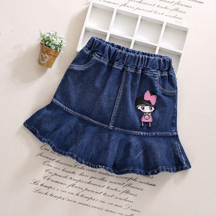 Jupe longue en jean brodée pour filles de 3 à 11 ans, jupe trapèze pour enfants: F Girl Dark / XL