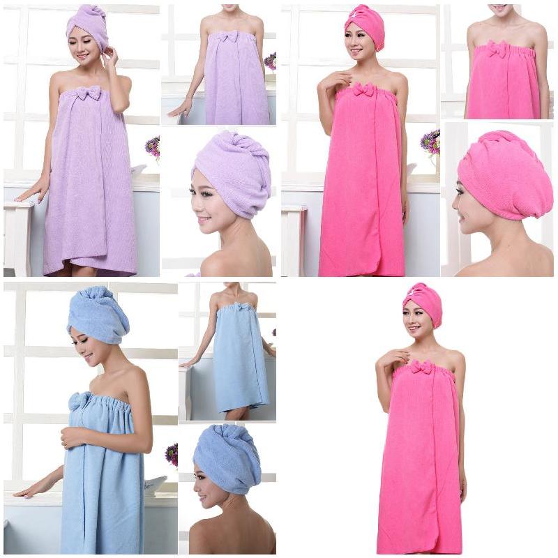 Soft Microfiber Magic Absorbent Dry Spa Bath Towel Beach Bathrobe+Cap for Women Girls