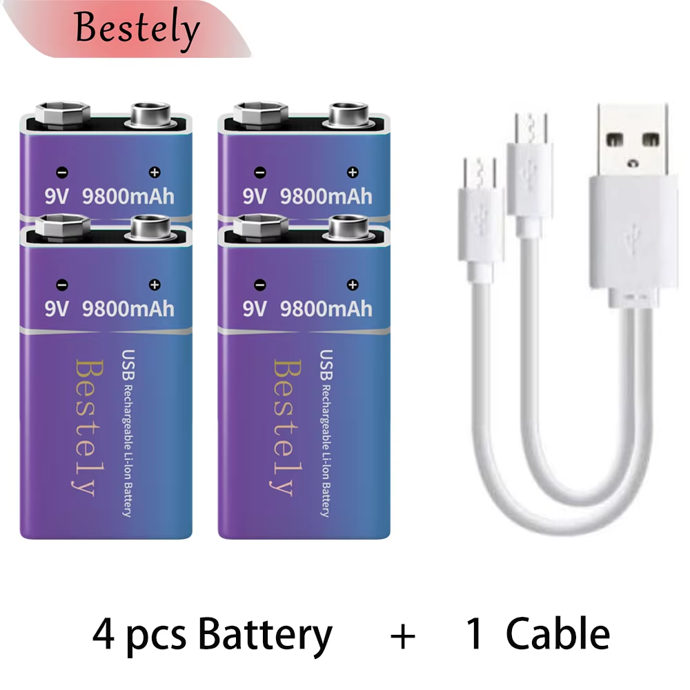 9V oplaadbare lithiumbatterij, 9800mAh langdurige 9v Li-ionbatterijen met kabel, voor rookmelder, alarmen, microfoon: GRIJS