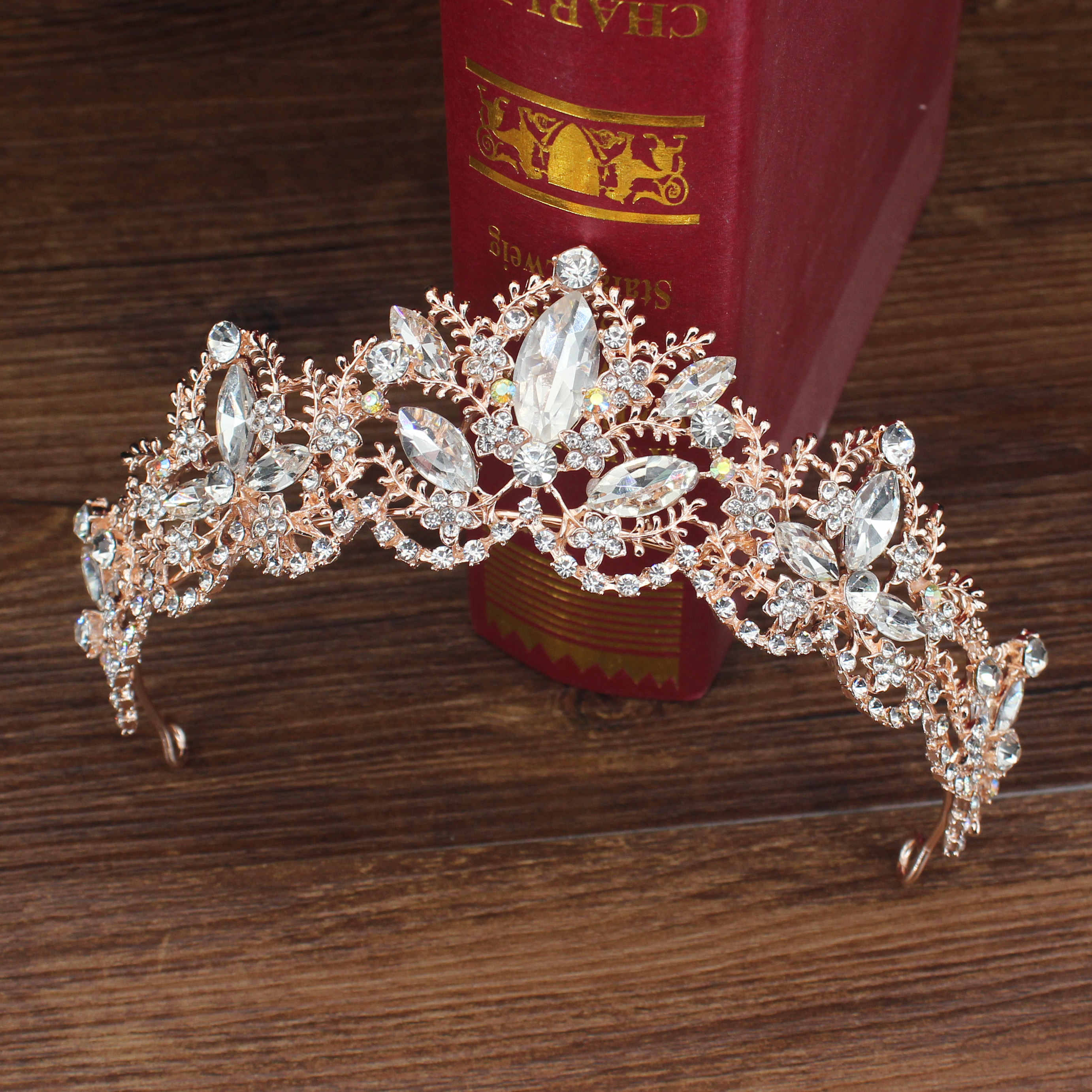 Wedding Bridal Tiara Crown Queen Sposa Oro Rosso di Cristallo Diadem Ornamenti Per Capelli Testa Accessori Dei Monili Delle Donne Pageant Copricapo: Rose Gold