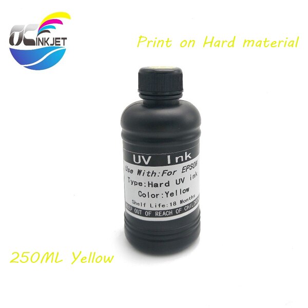 OCINKJET-tinta UV para cabezal de impresión Duro y suave, 250ml, para Epson 1390, 1400, 1410, 1430 W, R280, R290, R330, L800, L180, DX4, DX5, DX6, DX7: Yellow(Hard)