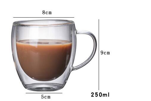 1 st dubbla kaffemuggar med handtaget muggar dricksisolering dubbelväggig glas tekopp drinkware mjölk: A 250ml