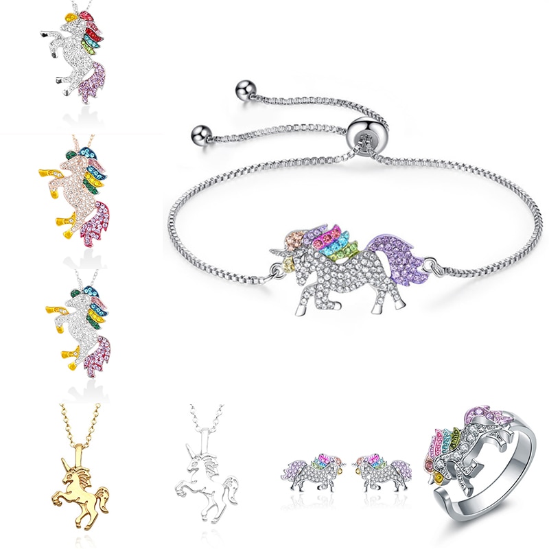 Lindo collar con unicornio de de dibujos animados caballo accesorios de joyería para niñas niños mujeres Animal colgante pulsera Set