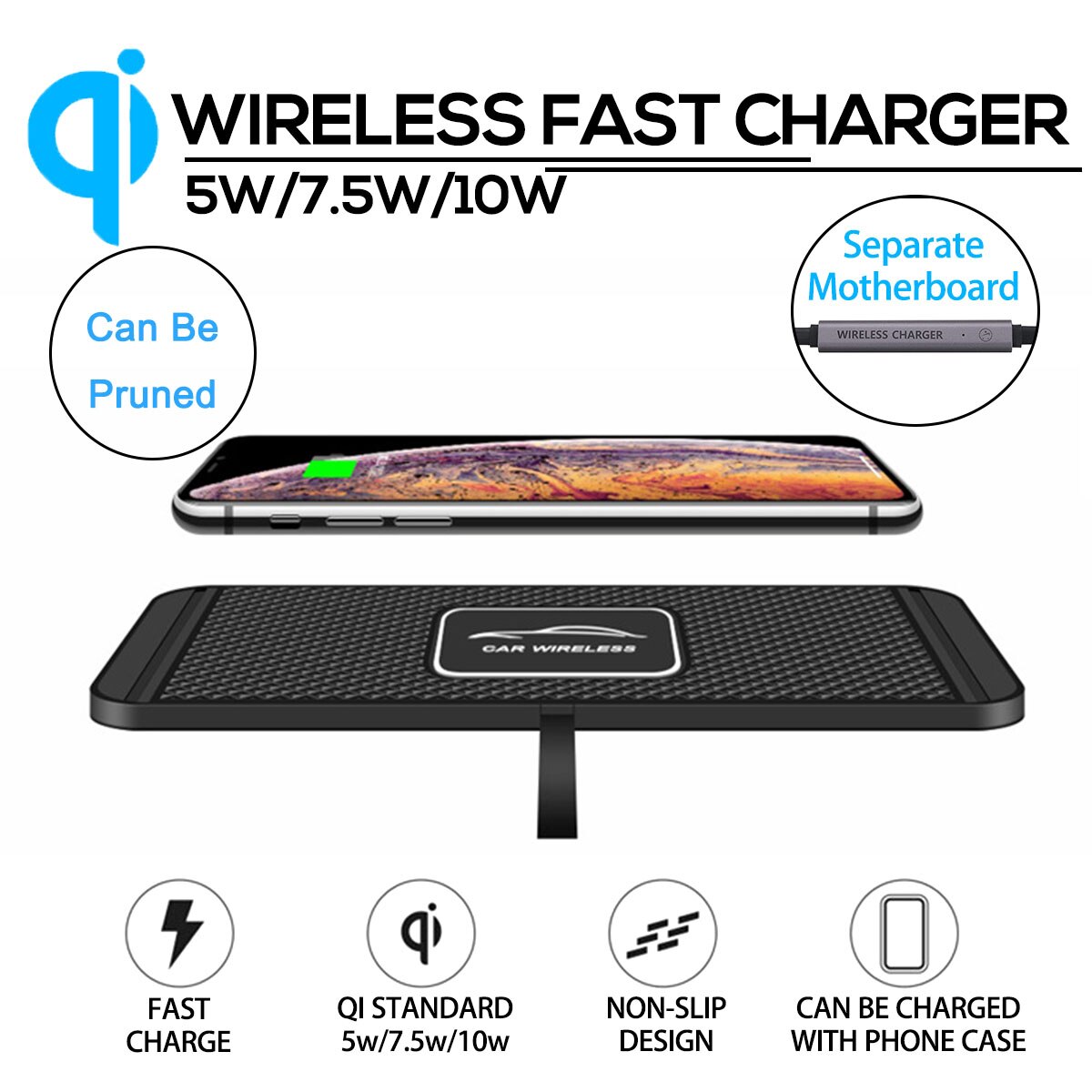 10w 2 in- 1- silikonmatte mit rutschfester oberfläche, halterung für das armaturenbrett, schnellladefunktion (qi) und kabellose ladestation für iphone und samsung