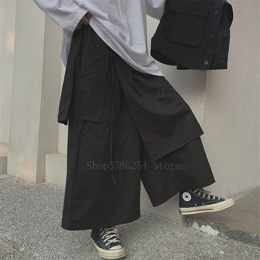Japansk samurai kostume sommer mænd bukser bomuld uregelmæssig bandage ben bukser sort streetwear harajuku kimono