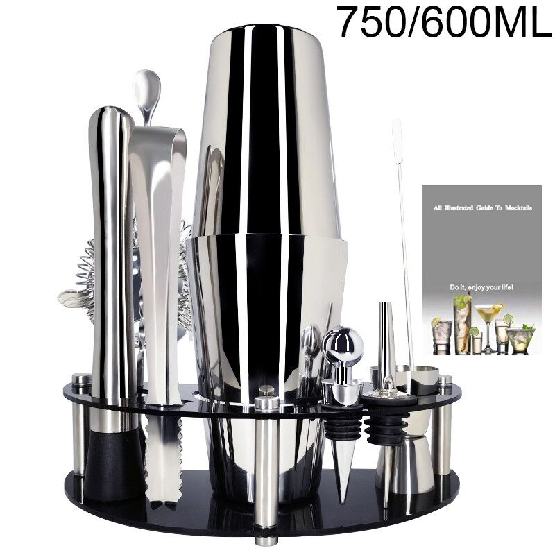 450/600/750ml Stainless Steel Cocktail Shaker Set 1-12 Pieces Barware Kit Martini Shaker with Stand + Drink Recipe: 11Pc 750600ml Rack