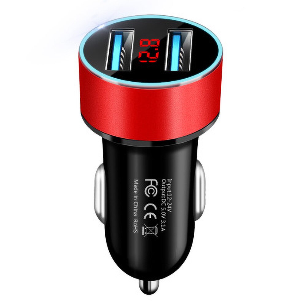 Mini USB Car Charger For iPhone 11 Pro Mobile Phone Chargers Fast Charging With LED Display 3.1A Dual USB Charger Adapter in car: Red