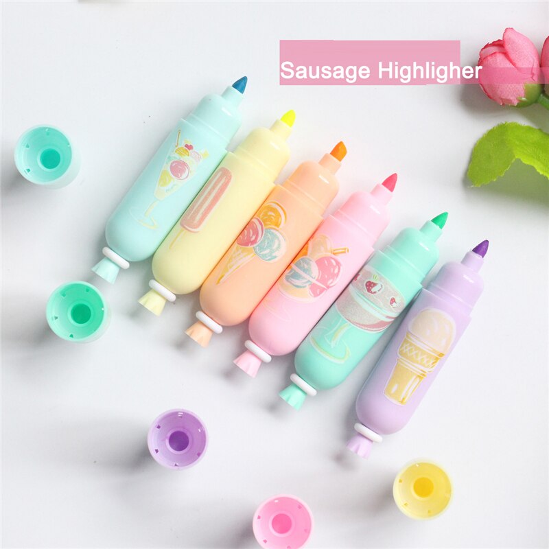 Stylo surligneur en forme de saucisse mignon 6 pièces, couleurs fluo assorties, marqueur de texte à base d&#39;eau, coloration, bricolage enfants étudiants