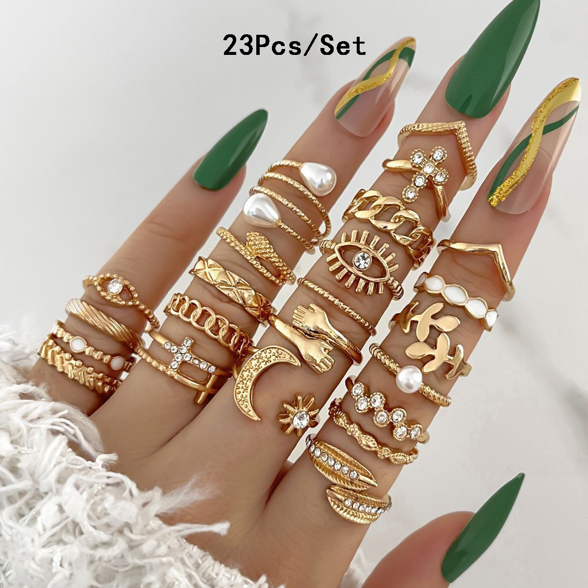 23 Uds. Conjunto de anillos para nudillos a la para mujer, estrella de cristal, Luna, ola de ojo, anillos de Color dorado y plateado, de joyas de a la para mujer: Oro