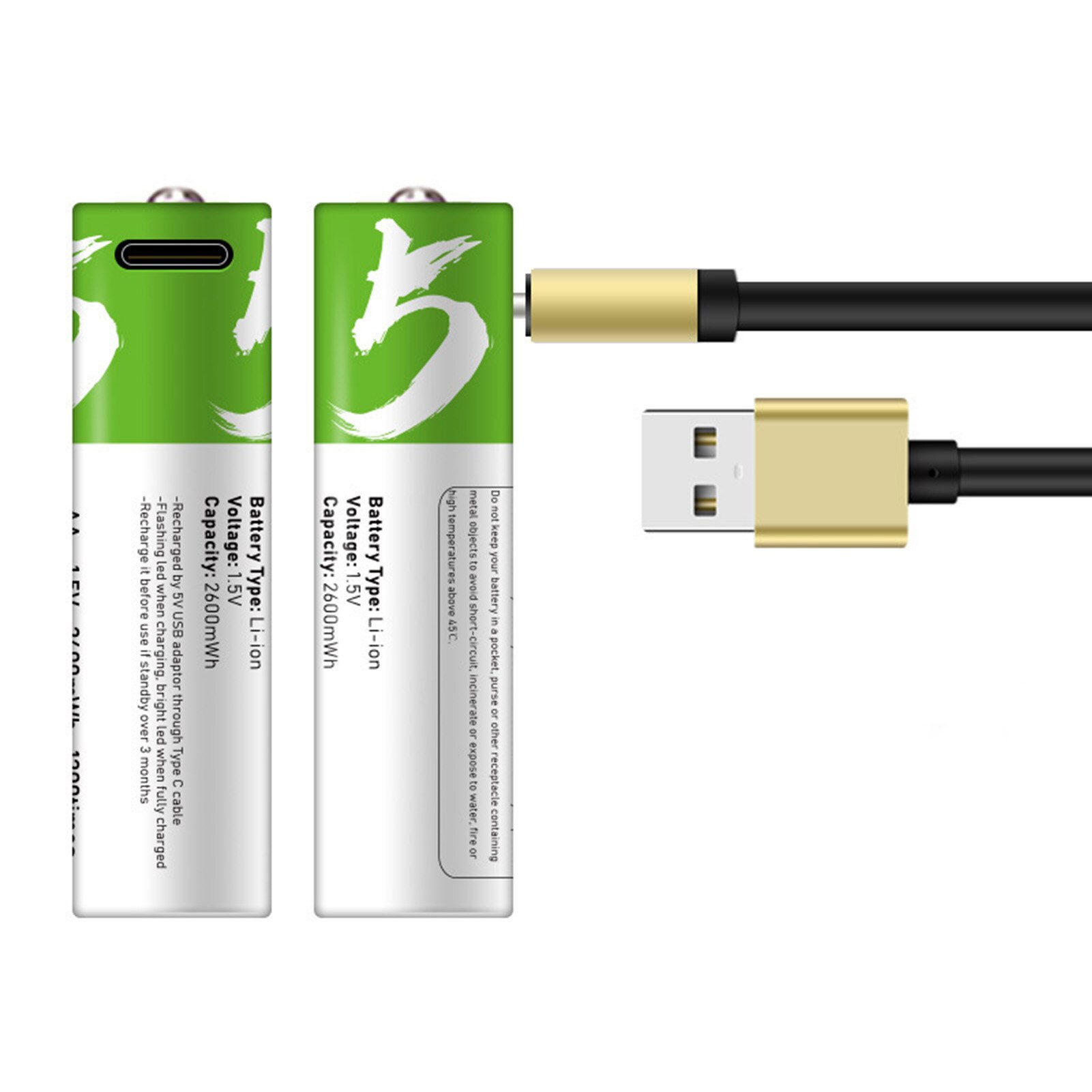 Piles AA 1.5V USB type-c, 2 pièces, charge rapide, pile au Lithium n ° 5, avec câble de chargement USB type-c