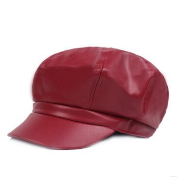 SILOQIN-Sombrero de cuero para mujer, gorra ajustable con Cierre trasero, octogonal Simple, para turismo y ocio, tendencia de invierno: Red Wine