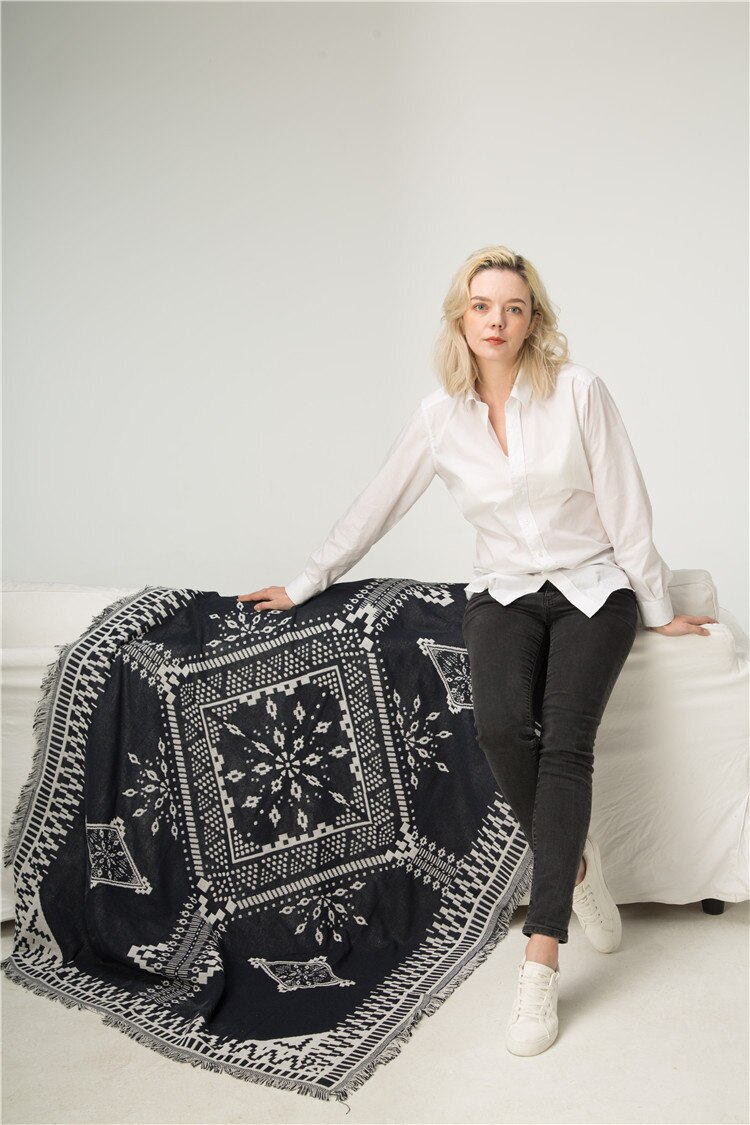 Dikke katoenen draad gebreide deken geometrische zwart-witte mooie vintage deken met kwastje bankhoes bed woonmat