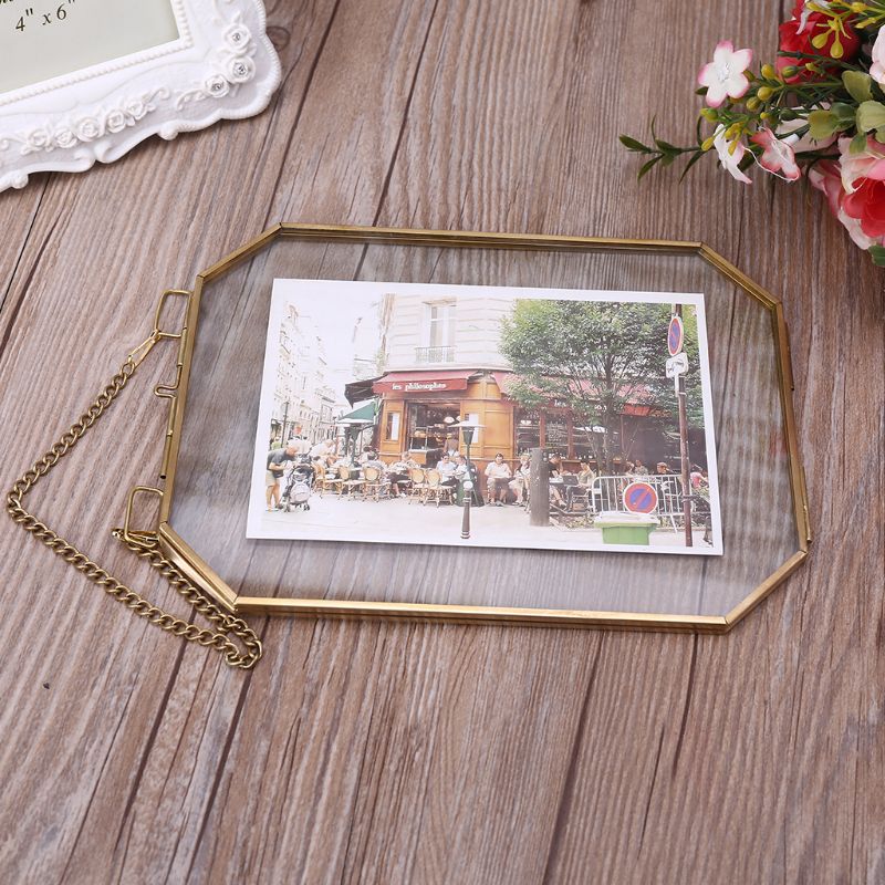 Achthoekige zwevende hangende fotolijst van metaal en glas, portretfoto, plantenhouder, dubbelzijdig, decoratie voor thuis