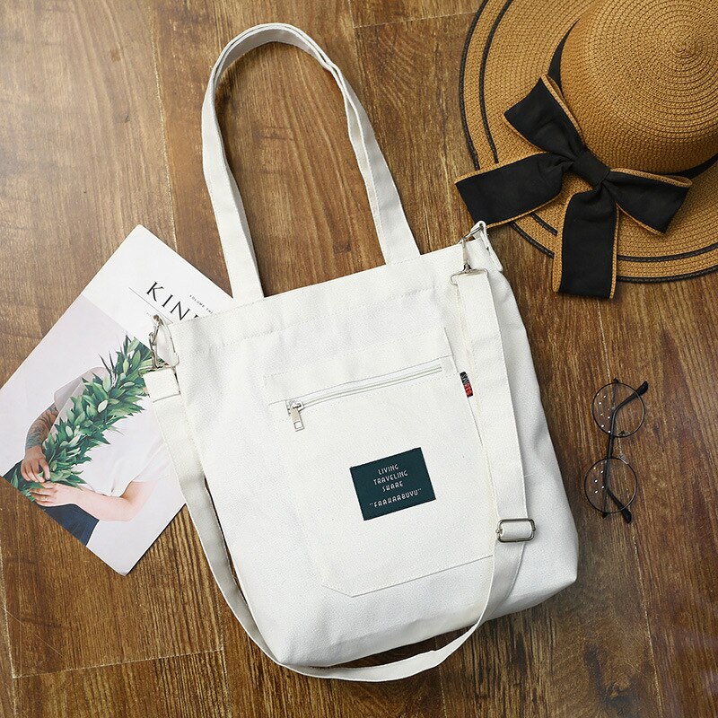 Grande reutilizável mercearia feminina sacola lona sólida casual dobrável mercearia sac opvouwbare tas dobrável compras tote: WHITE