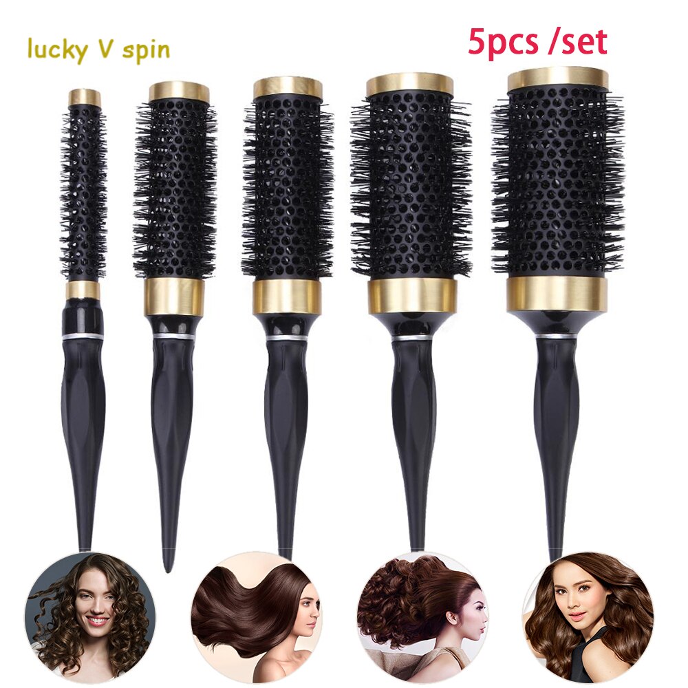 Cepillo de pelo de hierro de cerámica de 5 tamaños, peine de barril redondo antiestático resistente a altas temperaturas, herramienta para rizar y secar el cabello: 5pcs set