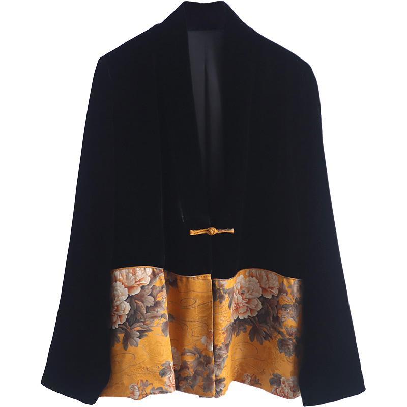Lady Chinese Style Velvet Coat Women Retro Print Qipao Button Top Black Yellow Loose Blouse Patchwork Jackets Tops Robes: XXL
