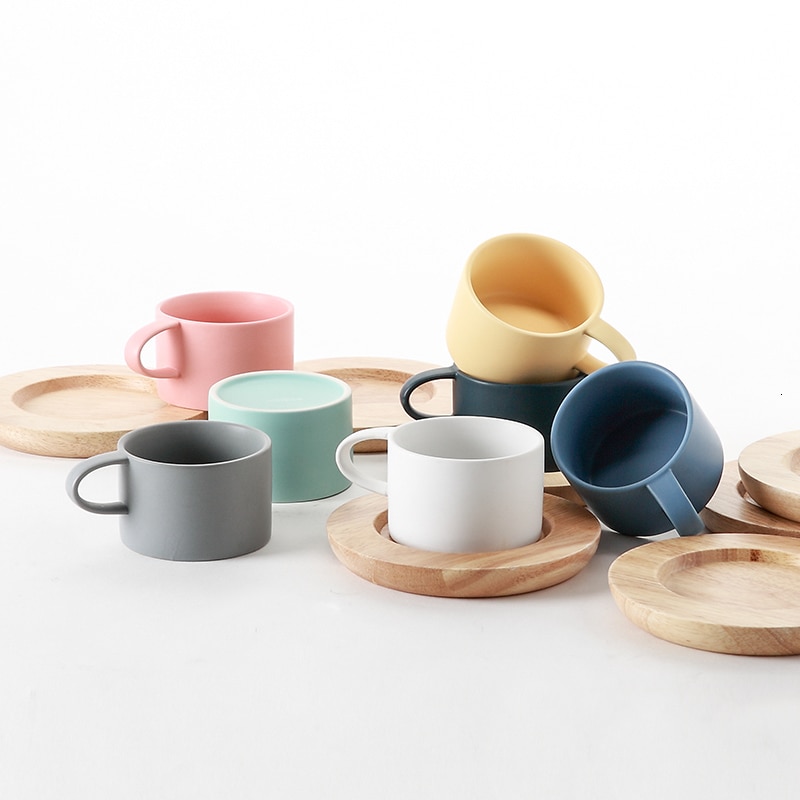 Tasse à café en bois de chêne naturel pur ensemble de soucoupe en bois de Style nordique