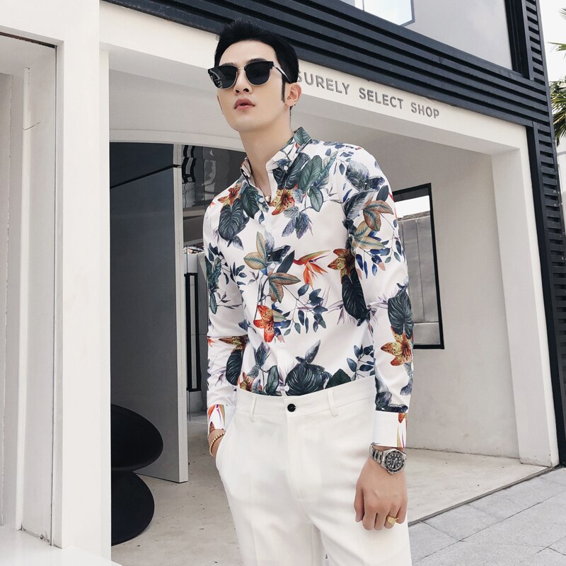 Märke streetwear hawaiisk skjorta herr långärmad slim fit herrskjortor camisa social masculina blommiga fritidsskjortor