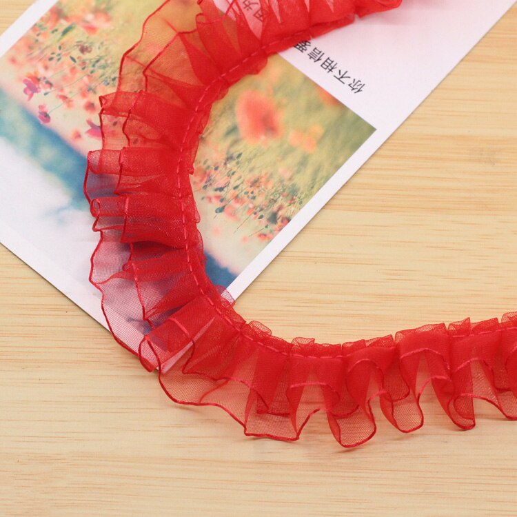Ruban en dentelle Organza plissé multicolore, 1 mètre, 2 couches, tissu maille froncée, bricolage de robe de mariée, garniture en dentelle, artisanat de couture: red  shuang
