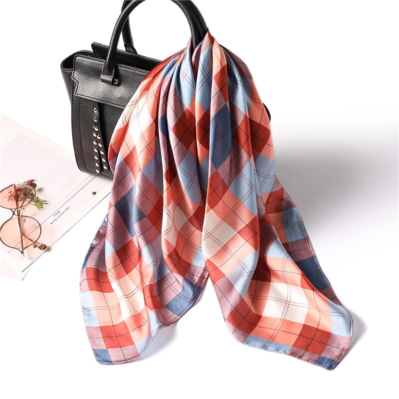 Zomer Vrouwen Sjaal Mode Plaid Print Zijden Sjaals Vierkante Kleine Size Haar Neck Bandana Sjaals Foulard: FJ80-2