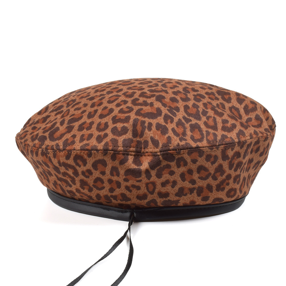 Kvinnor faux leopard baskertryck vinterhatt röd flicka konstnär brun fransk hatt ull kashmir vår kvinnlig vintage platt keps