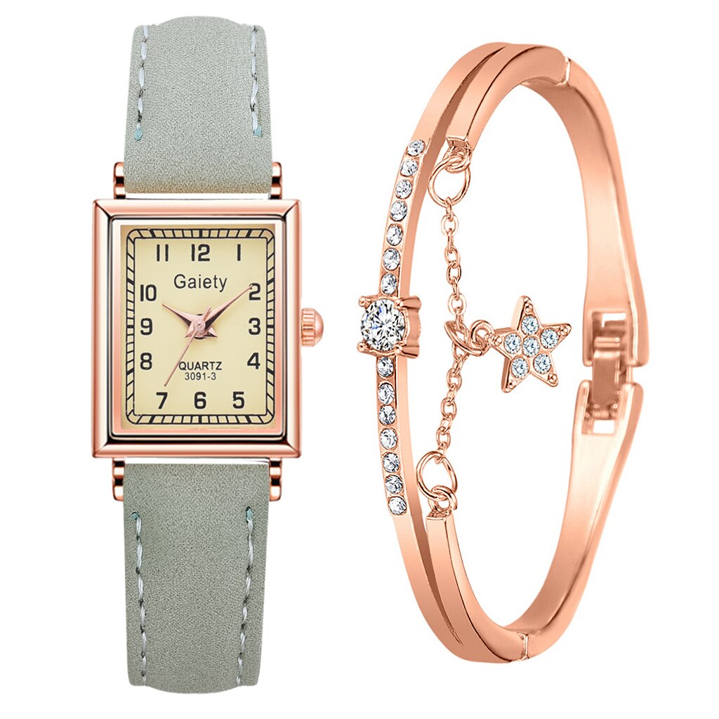 2PCS /Set Women Leather Belt Dress Quartz Clock Square Dial Sport Casual Bracelet Ladies Wrist Watch Relogio Reloj Mujer: Mint Green Set