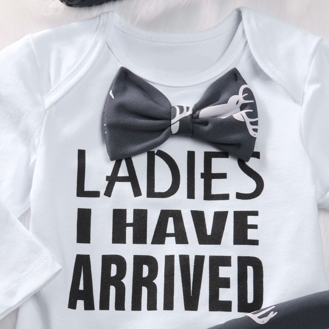 Ladies I have arrived Long sleeve Bodysuit,Cartoon Pant with Hat Set For Baby Boy Clothes