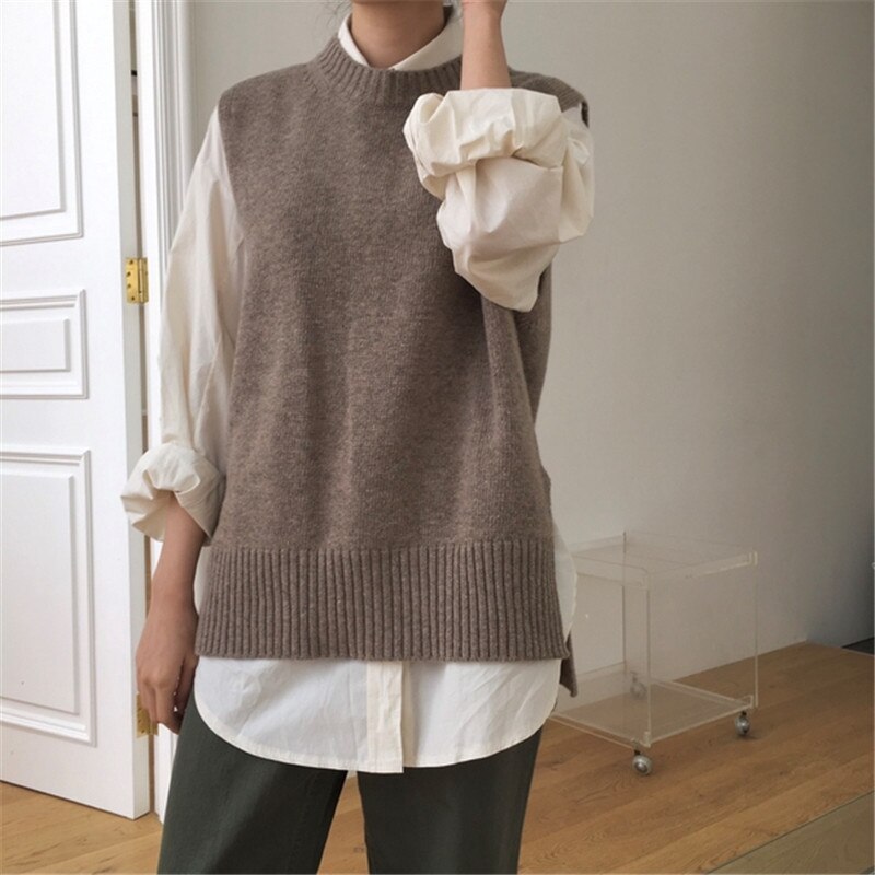 Mozuleva kvinder sweater vest o-hals ærmer pullover strikket vest kontor dame temperament afslappet chic vest coatwinter: Khaki