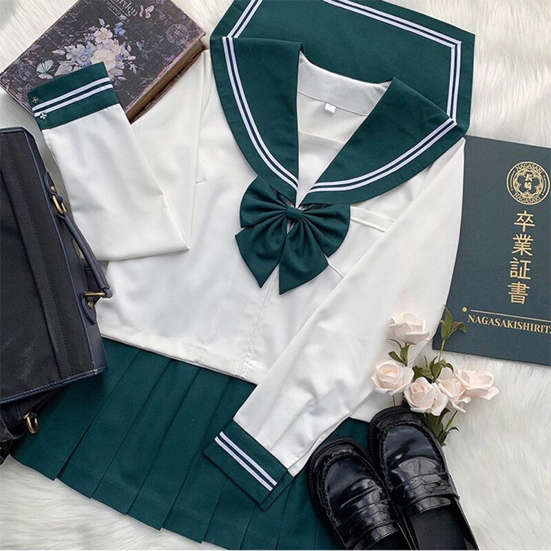Uniforme scolaire japonais JK pour filles, Costume de Style collège japonais vert, Costume de marin pour femmes, chemise Sexy, jupe plissée, S-XXL: L